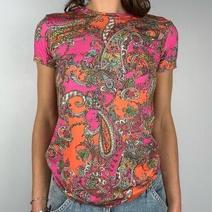 L'Agence pink multicoloured paisley print cap sleeve tee
